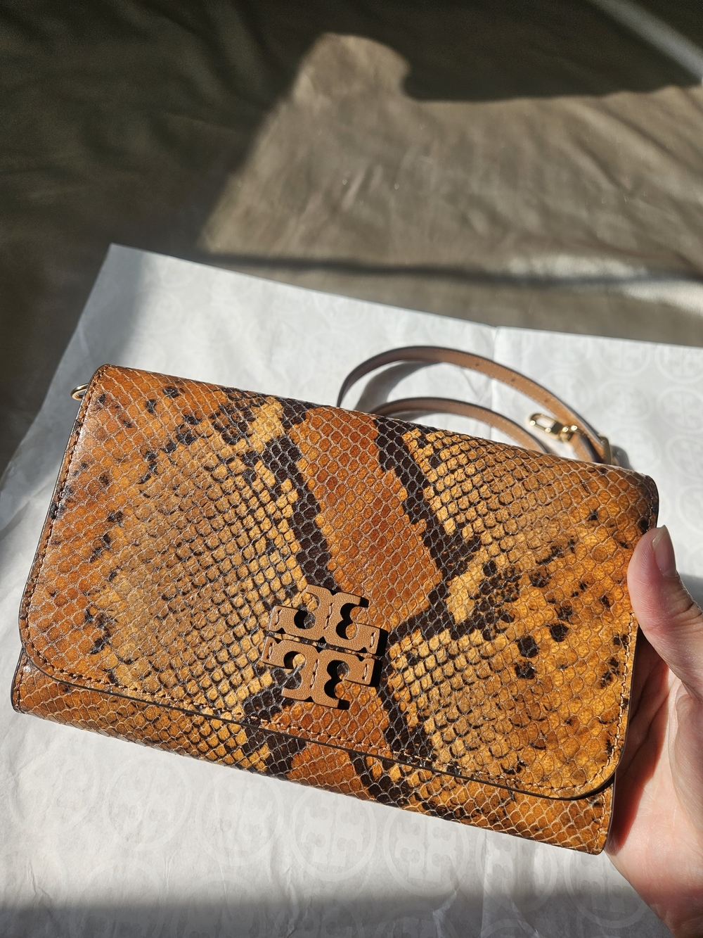 Tory Burch Snake-Print Leather Crossbody Bag in Cognac